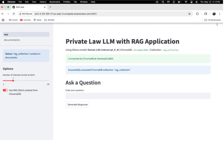 The private legal assistant running locally: the model and ChromaDB collection it is connected to, the retrieval controls, and the question field.