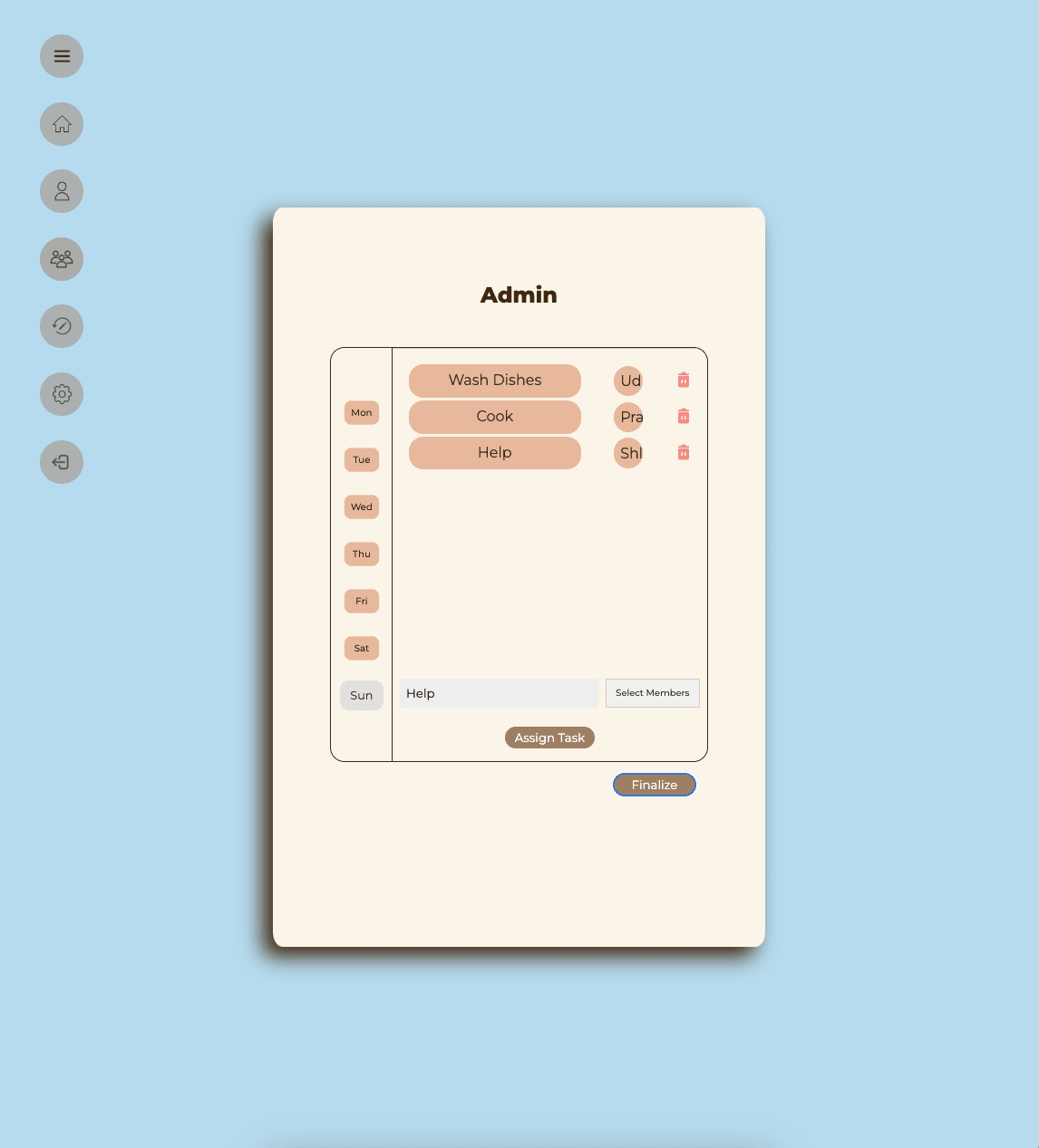 The RoomMates admin screen with a Monday-to-Sunday rail beside the day's assigned tasks, a member picker, and a Finalize control.