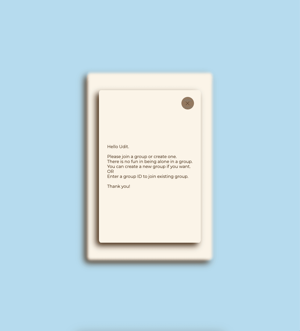 The RoomMates welcome panel inviting a new user to create a group or join an existing one with a group ID.